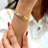 Pink Evil Eye Gold Textured Cuff Bracelet