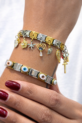 Radiant Dual-Tone Charm Bracelet Set with Evil Eye Elegance