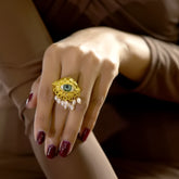 Golden Evil Eye Pearl Drop Ring