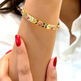 Red Evil Eye Gold Hammered Cuff Bracelet