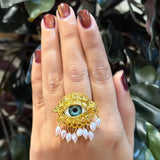 Golden Evil Eye Pearl Drop Ring