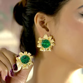Gold Floral Stud Earrings with Green Stone