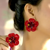 Red Floral Statement Stud Earrings