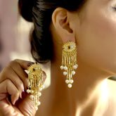 Gold Evil Eye Fringe Pearl Earrings