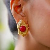 Gold-Tone Red Stone Statement Stud Earrings
