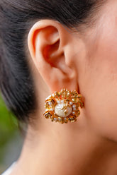 Gold-Tone Floral Pearl Stud Earrings