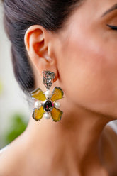 Yellow Enamel Floral Pearl Drop Earrings