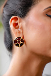 Maroon Beaded Gold-Tone Stud Earrings