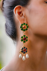 Tri-Flower Pearl Dangler Earrings