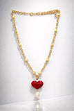 Crimson Heart Pearl Charm Necklace