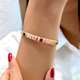 Pink Enamel Gemstone Gold Cuff Bracelet