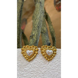 Gold Heart Pearl Stud Earrings
