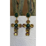 Gold Cross Drop Earrings with Green Stone