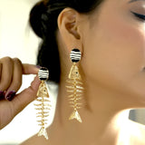 Gold Fish Skeleton Drop Earrings