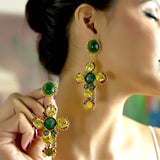 Gold Cross Drop Earrings with Green Stone