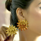 Gold Sun Face Stud Earrings