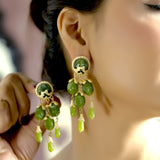 Green Beaded Gold Drop Earrings