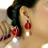 Ladybug Pearl Drop Earrings