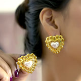 Gold Heart Pearl Stud Earrings