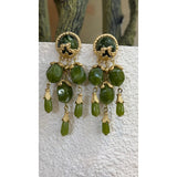 Green Beaded Gold Drop Earrings