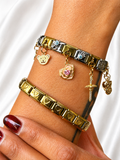 Reemora Dual-Tone Teddy, Rose & Cross Charm Bracelet Set