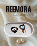 Black - White & Turquoise accents Heart Evil Eye Heart Button