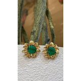 Gold Floral Stud Earrings with Green Stone